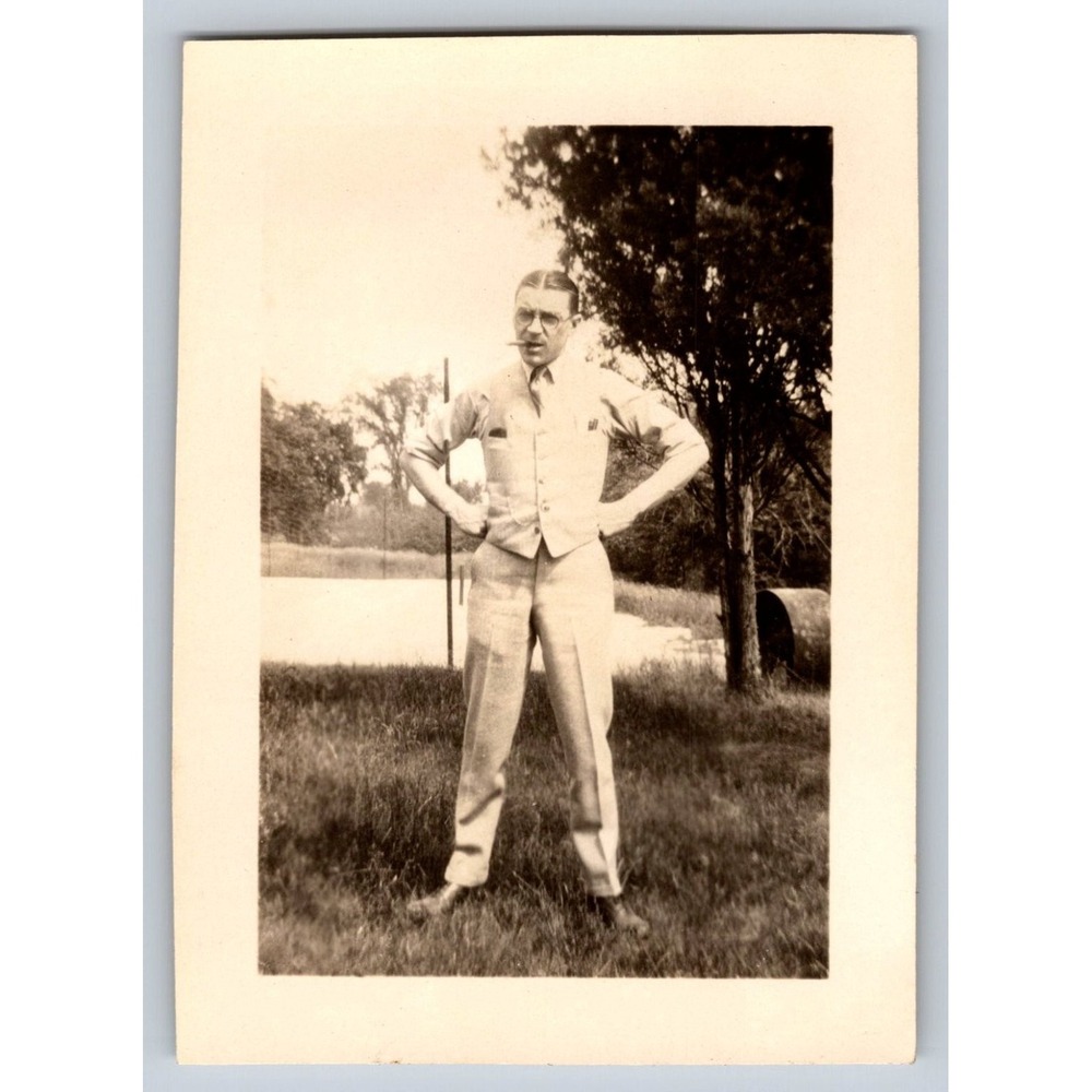 Dapper Man Smoking 1920s Snapshot Photograph Glasses Outdoor Portrait